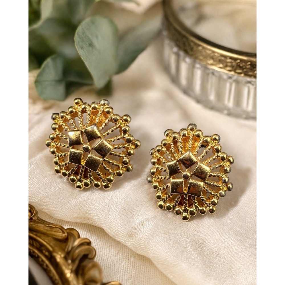 Clip-On Earrings Vintage Monet Gold Tone Textured Sunburst Filigree Round Signed
